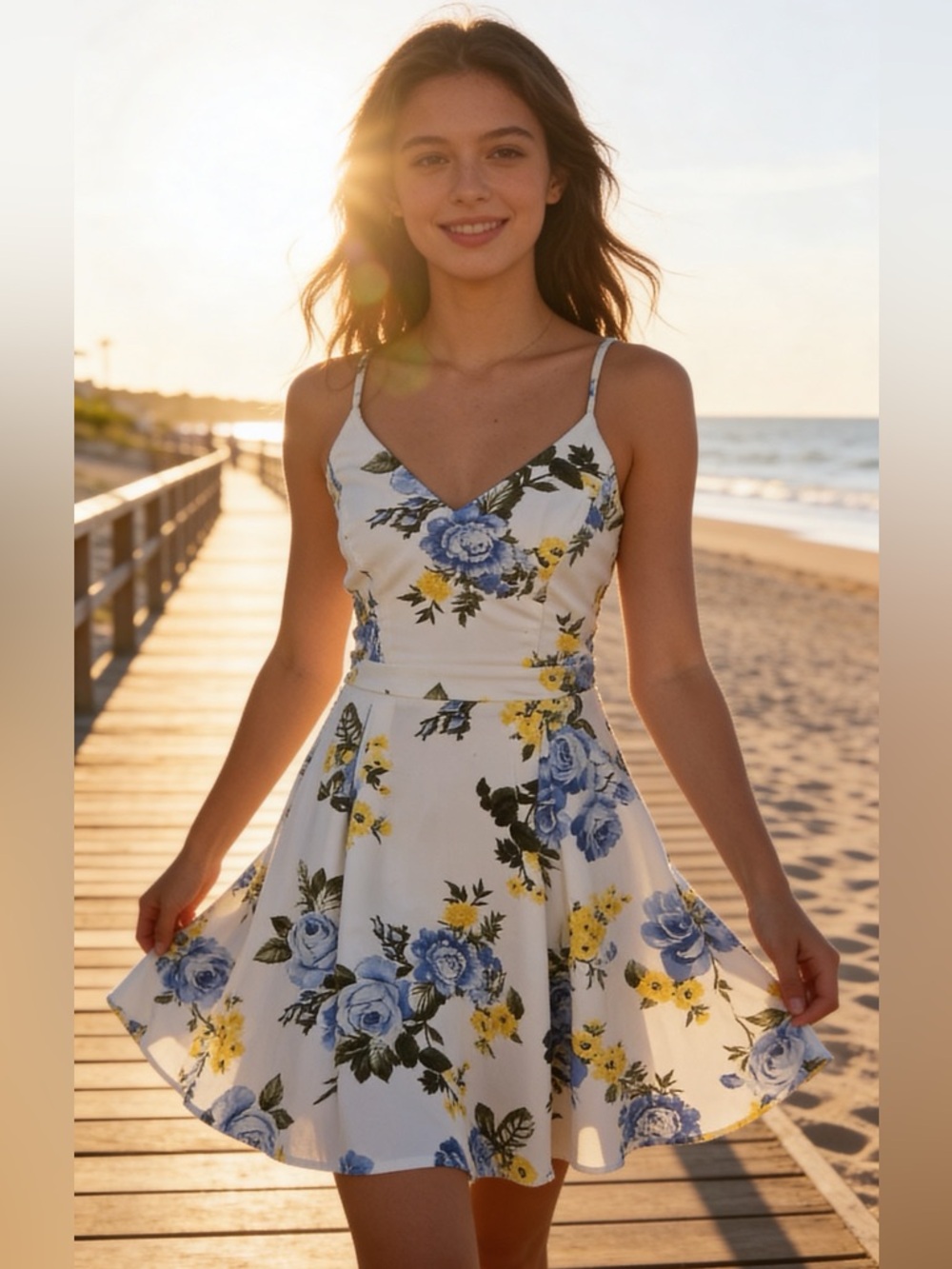 Juniors V-Neck Spaghetti Strap Mini Dress - White with Blue & Yellow Flowers YT3